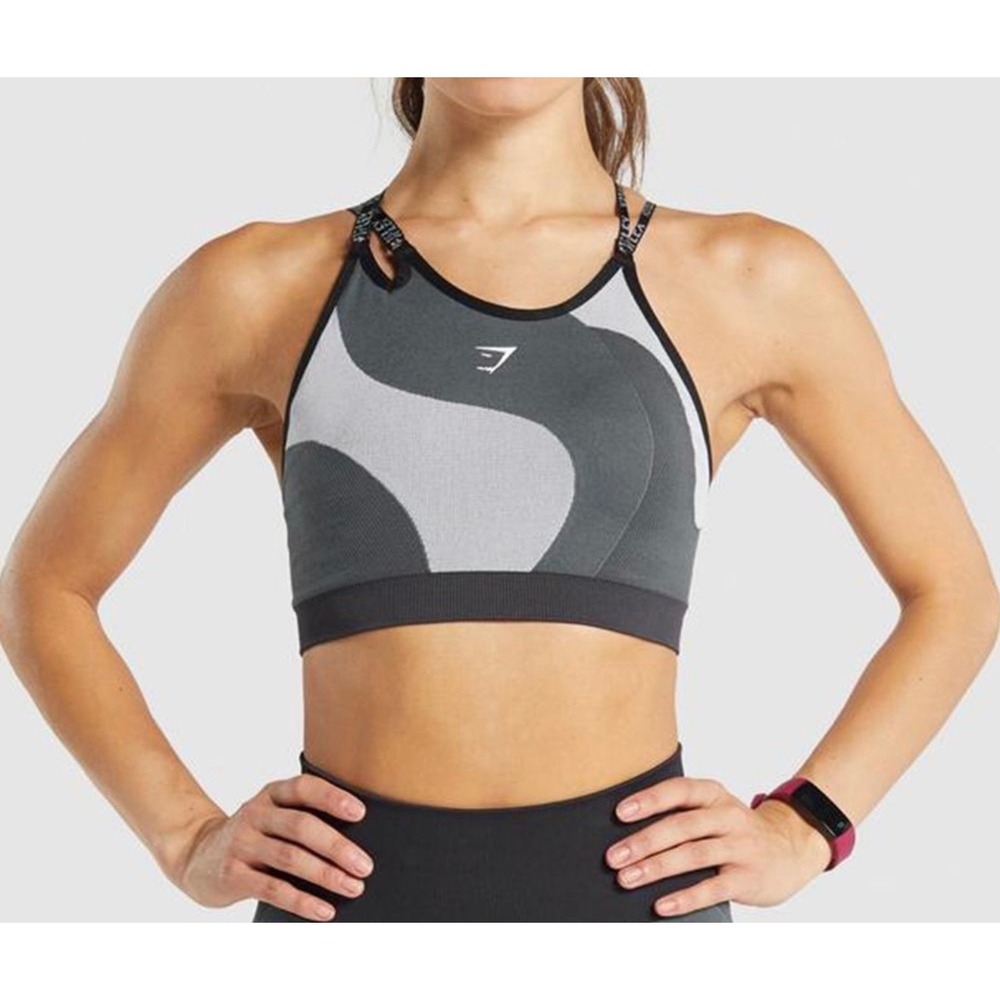 Gymshark WTFlex Seamless Sports Bra S Grey Black Asymmetrical Strappy Back Camo‎